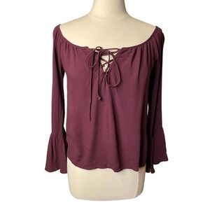 Kendall + Kylie Peasant Top Maroon Bell Sleeve Tie Front Boho Chic Small
